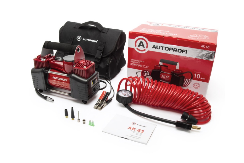Компрессор AUTOPROFI 65л/мин мет 12V/30A 300W 10АТМ от АКБ шланг 8 м. двухпоршневой, сумка