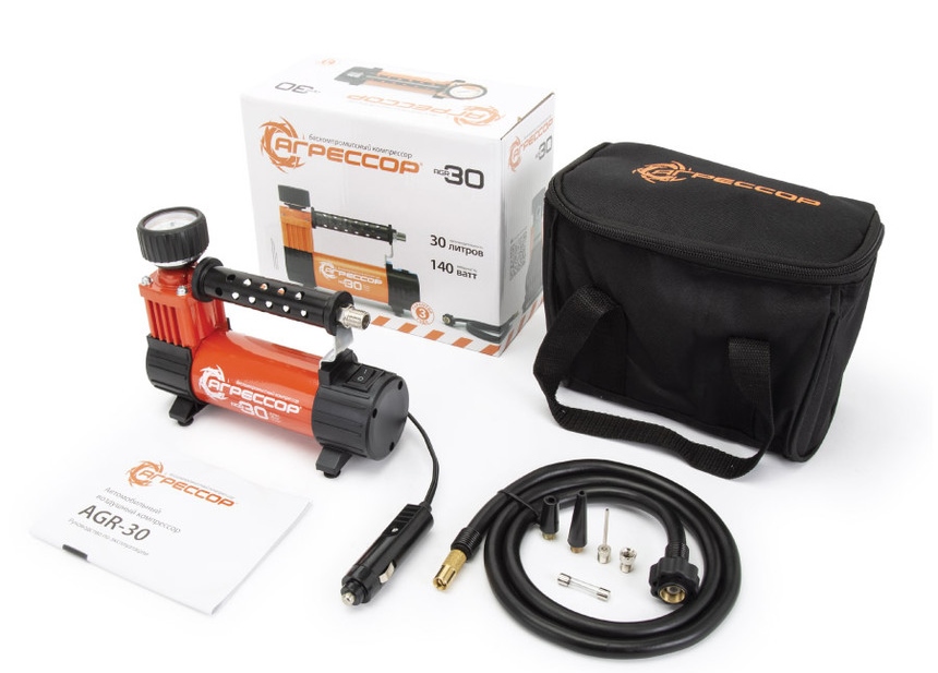Компрессор АГРЕССОР 30л/мин мет 12V10A 140W 7АТМ в прикурив. шланг 1 м, сумка