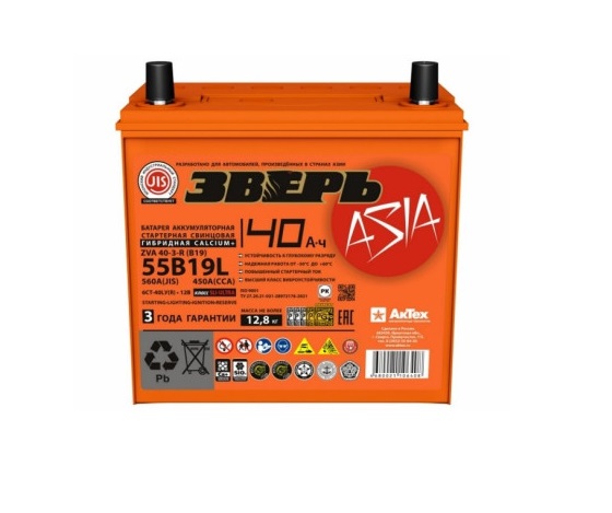 Аккумулятор Зверь Азия B19R 40А/чпр.пол.